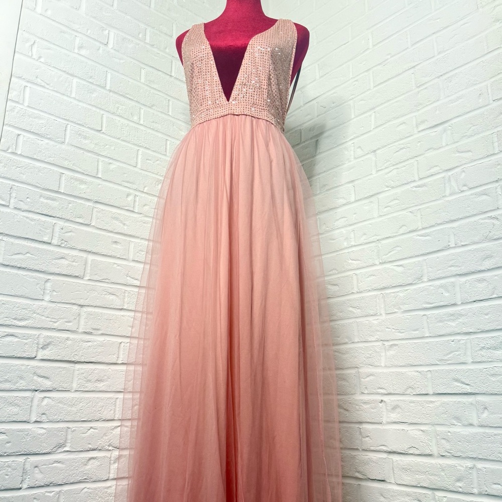 Peach Pink Sequin Tulle Gown - Deep V Backless Dress Size L